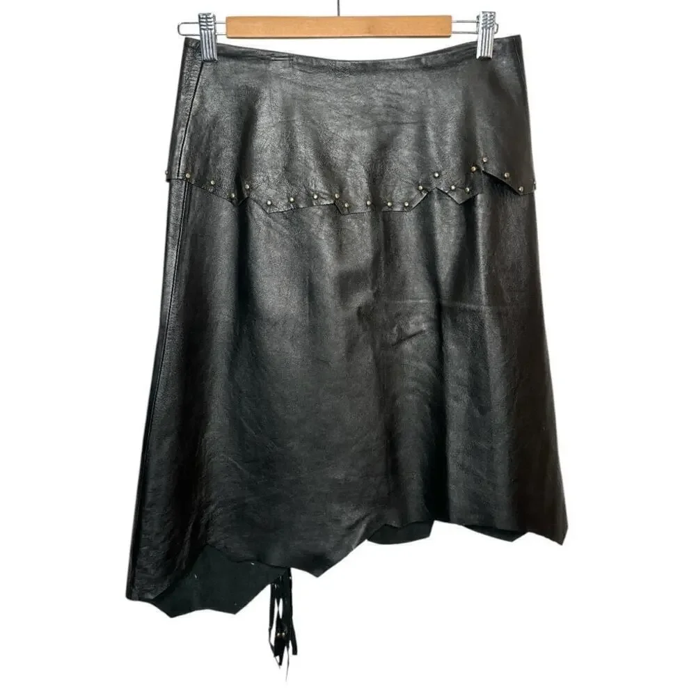 Y2K Jessie USA Black Leather Flower Embellishment W.Studs Asymmetrical Skirt 2